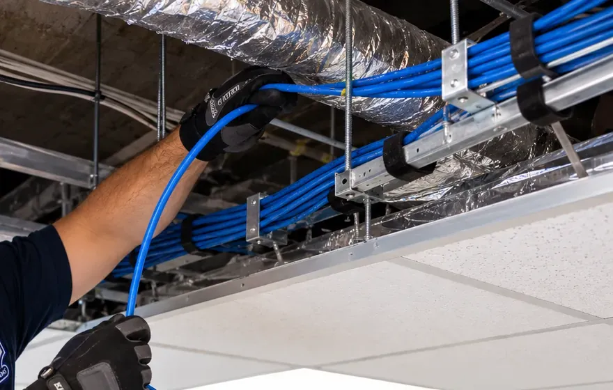 Replacement Cat6 fed into ceiling supports beside ductwork — Astoria Cat6 repair Gloved hand pushing blue cable up into an open ceiling where bundles hang in steel supports beside foil-wrapped ductwork — replacement Cat6 run fed overhead in Astoria, Queens