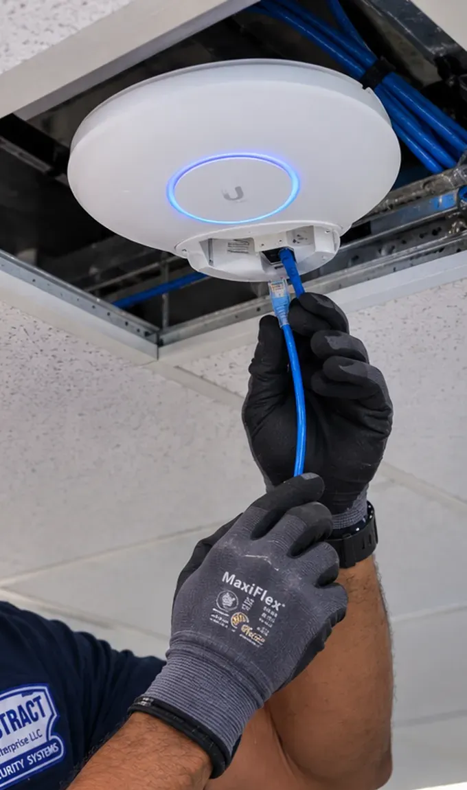 Ceiling access point and its Cat6 lead — Astoria, Queens White round access point lowered from an open ceiling tile while gloved hands hold the blue patch lead plugged into its base — ceiling access point link check, Cat6 repair Astoria, Queens