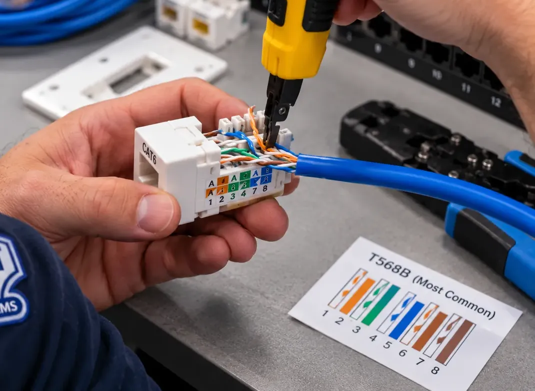 Cat6 keystone punched down against a T568B chart — Astoria, Queens Hand holding a white Cat6 keystone with its pairs laid in colour-coded slots while a yellow punch-down tool seats them, a T568B chart card and blank plate on the bench — Astoria, Queens jack rebuild