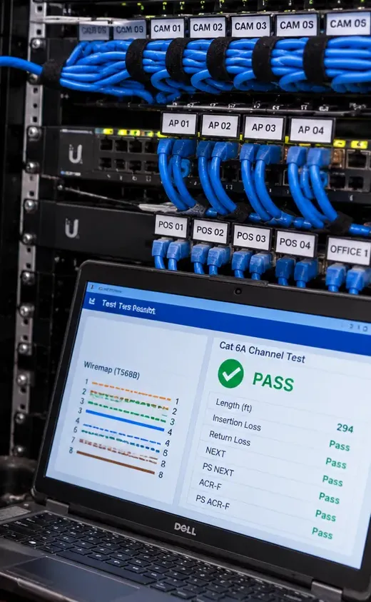 Saved channel result on a laptop beside labelled rack ports — Astoria Cat6 repair Laptop showing a Cat6A channel test PASS and wire map below rack rows of blue patch cords labelled CAM, AP, POS and OFFICE — saved Cat6 test results for an Astoria, Queens repair