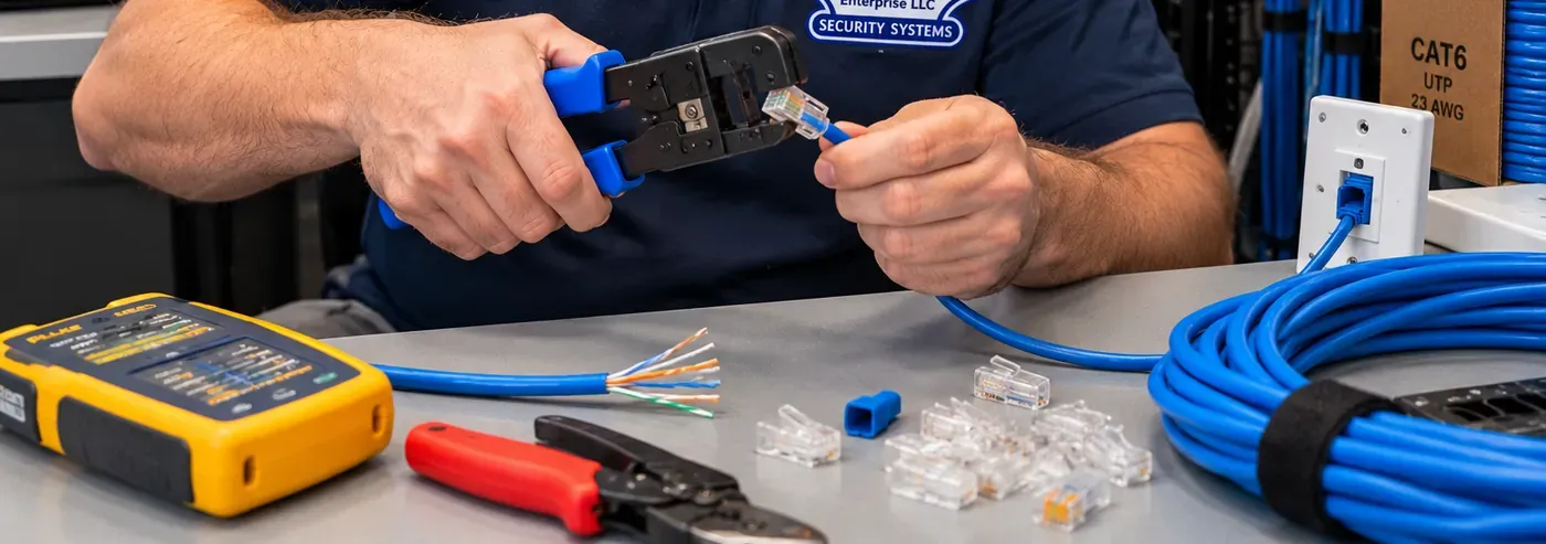 RJ45 plug crimped on the bench — Cat6 lead repair, Astoria Hands closing a blue crimp tool on a clear RJ45 plug over a bench holding a cable tester, stripped pairs, loose plugs, a cutter and a coil of blue cable — plug repair for an Astoria, Queens Cat6 lead