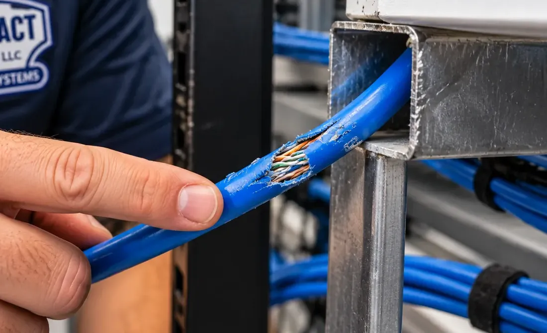Split Cat6 jacket where it crosses a steel frame edge — Astoria, Queens Finger pointing at a blue Cat6 cable whose jacket has split open over the cut edge of a steel tube frame, coloured pairs showing — jacket damage at a sharp edge found on an Astoria, Queens Cat6 repair