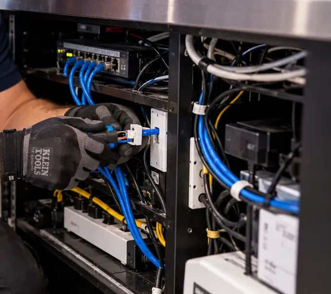 Small switch and cabling inside a checkout counter — Astoria storefront Cat6 repair Gloved hands working at a small network switch and blue cables inside a steel checkout counter, white and yellow cords and power strips below — counter Cat6 repair for an Astoria, Queens storefront