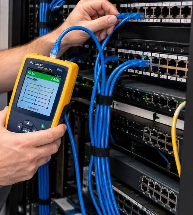 Wire map PASS on a handheld tester — Astoria Cat6 repair check Yellow handheld tester showing a wire map marked PASS while a hand seats a blue cord in a patch panel among strapped bundles — wire-map check after an Astoria, Queens Cat6 repair