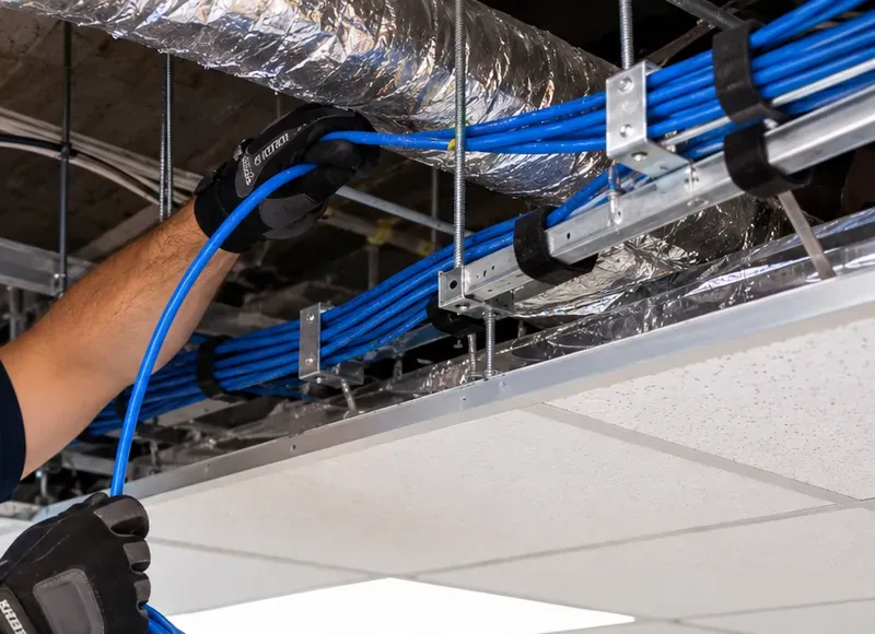 Replacement run fed up to supported bundles — Cat6 repair Bay Ridge, Brooklyn Gloved hands feeding a blue Cat6 cable from a coil up to a supported bundle of blue cables beside a foil-wrapped duct above an open ceiling grid — replacement run for Cat6 repair in Bay Ridge, Brooklyn