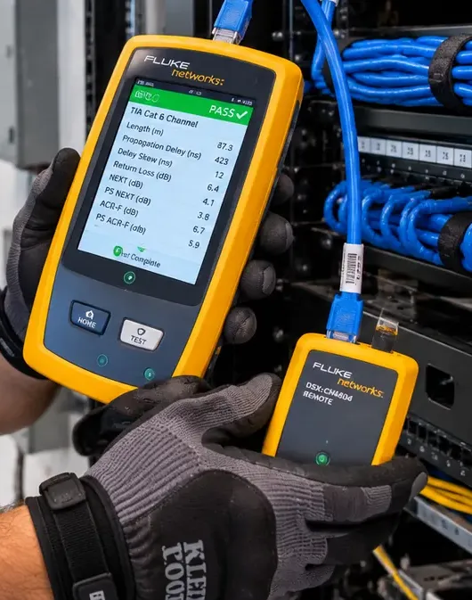 Cat 6 channel test PASS with the remote unit — Bay Ridge Cat6 repair certification Handheld certifier showing PASS on a TIA Cat 6 channel test, linked by a blue cord to a rack, with the remote unit held just below — certification after a Bay Ridge, Brooklyn Cat6 repair