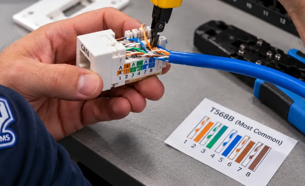 Keystone pairs seated against a T568B chart — Cat6 repair in Bay Ridge, Brooklyn Hand holding a white CAT6 keystone with coloured pairs laid in its slots as a yellow punch-down tool seats them, next to a printed T568B colour chart on the bench — keystone re-termination, Bay Ridge, Brooklyn Cat6 repair