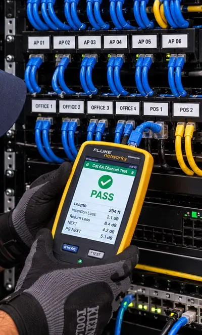 Ports labelled CAM, AP, OFFICE and POS with a PASS result — Bay Ridge, Brooklyn Cat6 repair Blue patch cords in rack ports labelled CAM, AP, OFFICE and POS, with a gloved hand holding a tester that shows PASS on a Cat 6A channel test — labelled rack after Cat6 repair, Bay Ridge, Brooklyn