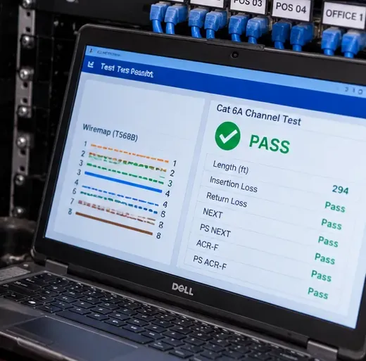 Saved test report with wire map on a laptop — Bay Ridge, Brooklyn Cat6 repair Laptop screen showing a T568B wire map and a Cat 6A channel test marked PASS in front of rack ports labelled POS and OFFICE — test report for a Cat6 repair in Bay Ridge, Brooklyn