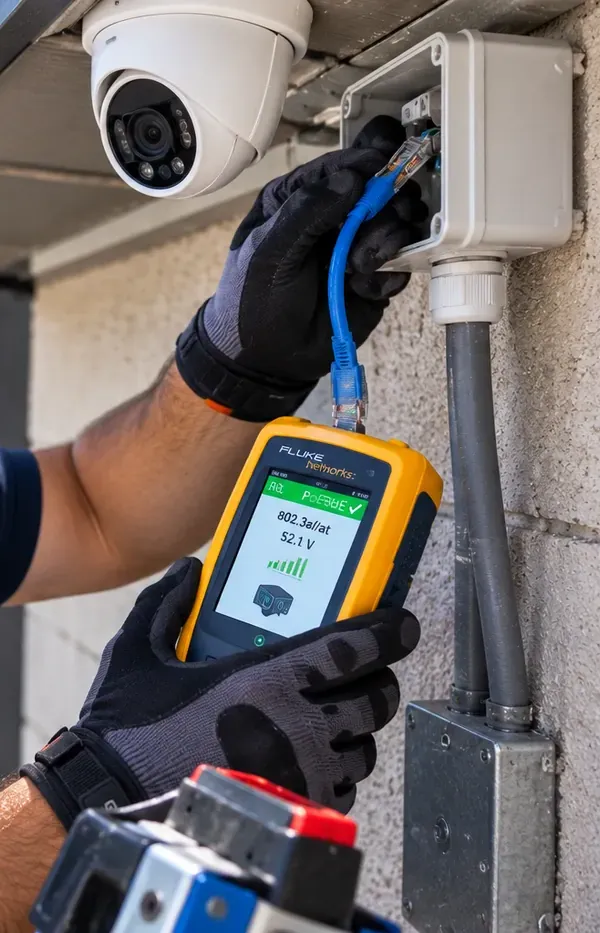 PoE reading at a dome-camera junction box — Cat6 repair in Bay Ridge, Brooklyn Gloved hand holding a yellow cable tester with a power-over-Ethernet reading under a white dome camera, the blue Cat6 lead coming out of a grey junction box on a block wall — PoE camera link check, Cat6 repair Bay Ridge, Brooklyn