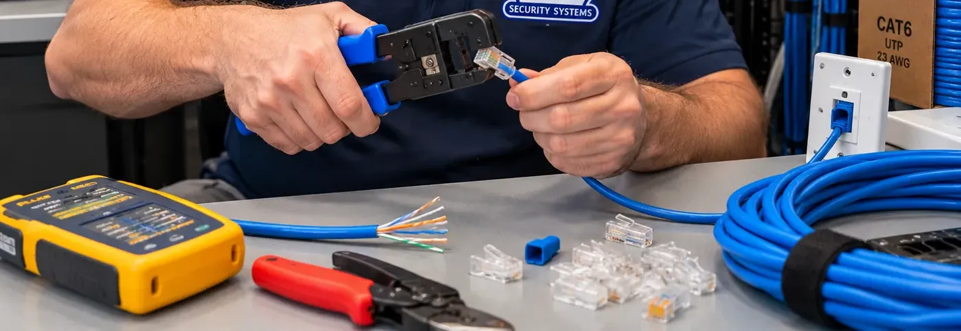 RJ45 plug crimped at the bench — Cat6 repair, Bay Ridge Brooklyn Hands fitting a clear RJ45 plug in a blue-handled crimper over a grey bench with a yellow tester, loose plugs, stripped pairs and a coil of blue Cat6 — plug re-termination, Cat6 repair Bay Ridge, Brooklyn