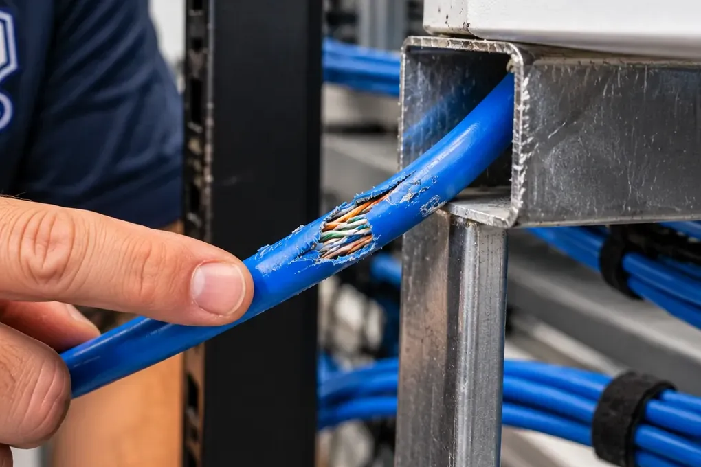 Torn Cat6 jacket on a sharp steel edge — Bay Ridge Cat6 repair example Finger pointing at a blue Cat6 cable whose jacket is torn open where it passes over the cut edge of a steel channel, exposing the twisted pairs — damaged cable of the kind found in Bay Ridge, Brooklyn Cat6 repair