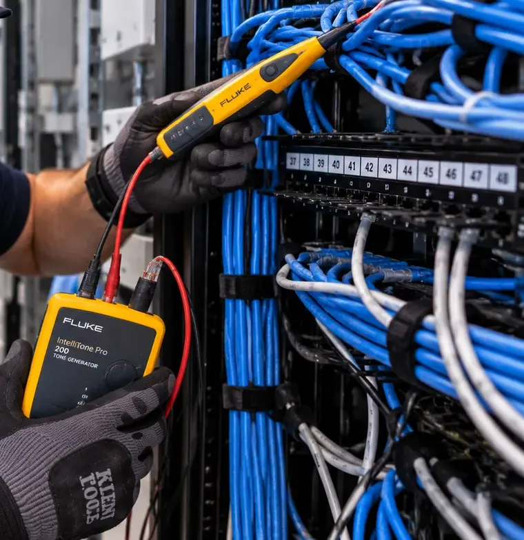 Tone generator and probe at a numbered panel — Bay Ridge Cat6 tracing Gloved hands holding a yellow tone generator and an inductive probe against blue cables at a rack with numbered patch-panel ports — tracing a run for Cat6 repair in Bay Ridge, Brooklyn