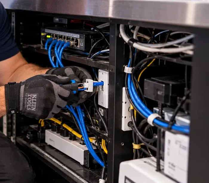 Under-counter switch and cabling — Bay Ridge Cat6 repair for shops Gloved hands working on a keystone in a cabinet under a stainless-steel counter, with a small switch, blue Cat6 patch cords, power strips and other cabling inside — counter link repair, Cat6 repair Bay Ridge, Brooklyn
