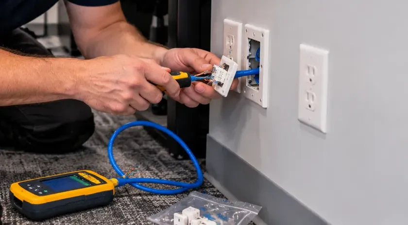 Wall jack re-termination with the tester on the floor — Bay Ridge, Brooklyn Cat6 repair Hands re-terminating a keystone at an open white wall plate beside a power outlet, a blue cord running down to a yellow tester on the carpet — wall jack rework for Cat6 repair in Bay Ridge, Brooklyn