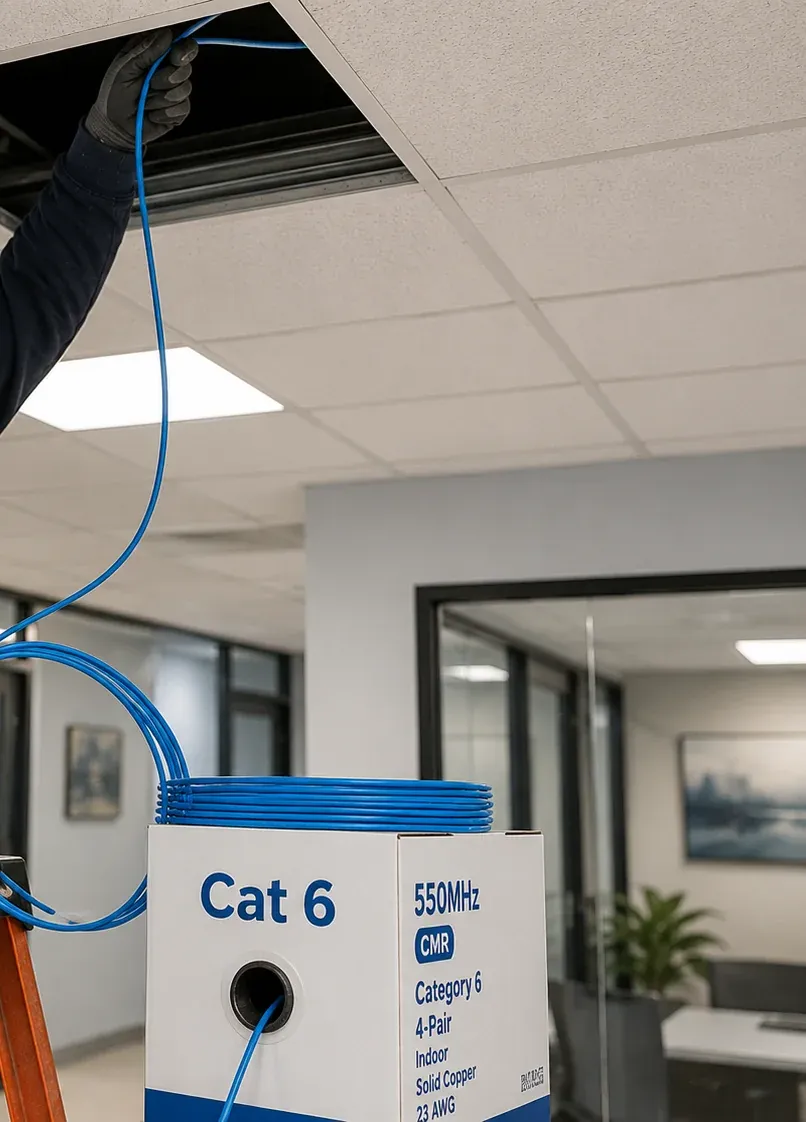 Replacement Cat6 fed into a ceiling bay — Bronx Cat6 repair Gloved hand feeding blue Cat6 up through an open ceiling tile from a Cat 6 CMR cable box, Cat6 repair in the Bronx