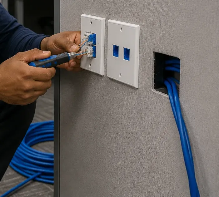 Keystone re-termination on a cubicle plate — Bronx Cat6 repair Technician punching down a keystone on a cubicle wall plate beside a cable opening, Bronx Cat6 re-termination