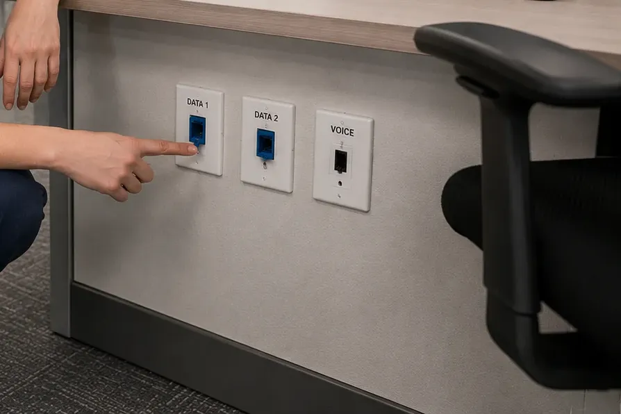 Identifying data and voice jacks under a desk — Bronx Cat6 repair Finger pointing to the Data 1 jack among Data 1, Data 2 and Voice plates under a desk, identifying Bronx Cat6 links