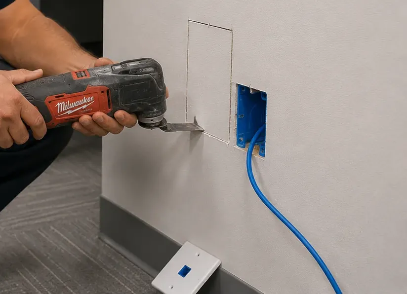 Small drywall access cut at a data box — Bronx Cat6 repair Oscillating multi-tool cutting an access opening in drywall beside a blue box with Cat6, Bronx Cat6 repair