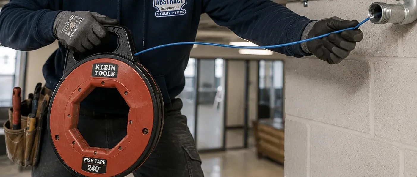 Fish tape and conduit on a block wall — Cat6 re-pull in the Bronx Gloved hands feeding blue cable from a fish tape reel into steel conduit on a cinder-block wall, Bronx Cat6 re-pull