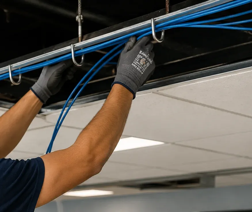 Cat6 re-laid in J-hooks above a ceiling — Bronx pathway repair Gloved hands laying blue Cat6 into J-hooks above a suspended ceiling grid, Bronx Cat6 pathway repair