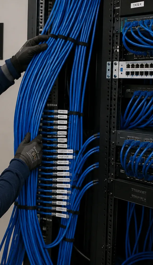 Labelled Cat6 bundle at a network rack — Bronx closet repair Gloved hands dressing a labelled bundle of blue Cat6 at a network rack in a Bronx telecom closet