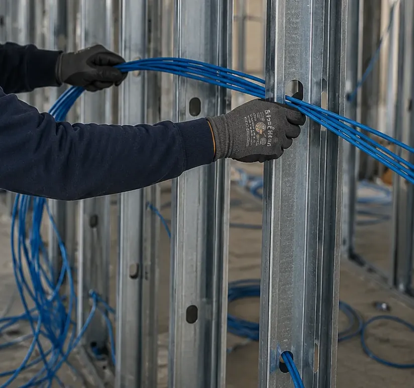 Cat6 bundle through metal studs — new-construction repair, Bronx Gloved hands drawing a bundle of blue Cat6 through holes in metal studs, Bronx new-construction Cat6 repair
