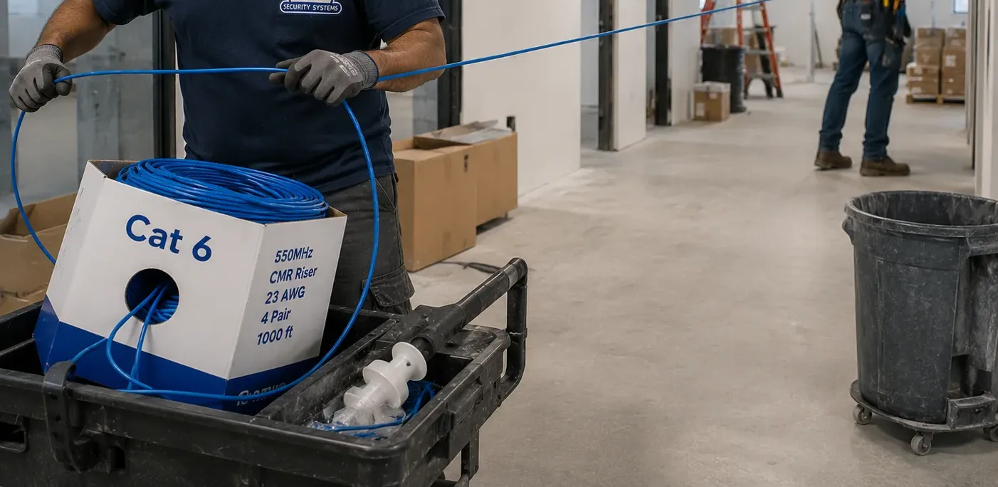 Cat6 pulled along an unfinished corridor — new-building repair in the Bronx Technicians pulling blue Cat6 down an unfinished corridor from a box on a cart in a new Bronx building
