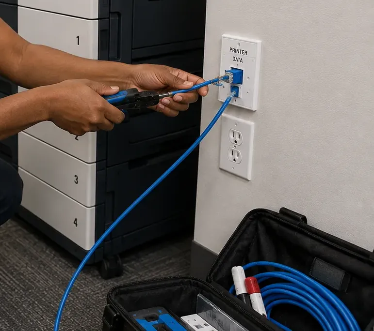 Printer data jack checked beside a copier — Bronx Cat6 repair Technician working at a printer data jack beside an office copier with a blue cord, Bronx office Cat6 repair