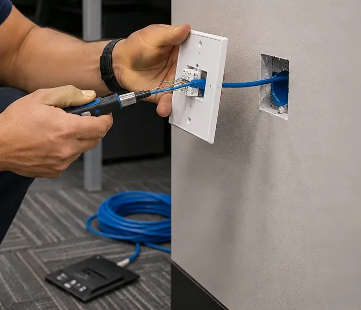 Wall-plate punch-down at a workstation — Bronx Cat6 jack repair Technician terminating a blue cable on a single-port wall plate held away from a cubicle panel, Bronx Cat6 jack repair