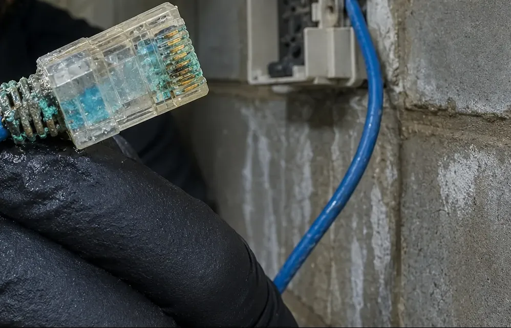 Corroded RJ45 plug from a damp block-wall box — Financial District, Manhattan RJ45 plug with green corrosion on its contacts and boot held in a black glove beside a box on a stained concrete block wall — Cat6 water damage, Financial District, Manhattan