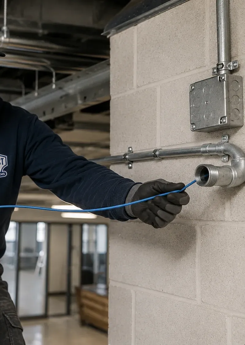 Feeding a line into a conduit elbow — Financial District Cat6 repair Gloved hand feeding a blue line into a steel conduit elbow on a block wall below a junction box — Cat6 replacement pull, Financial District, Manhattan