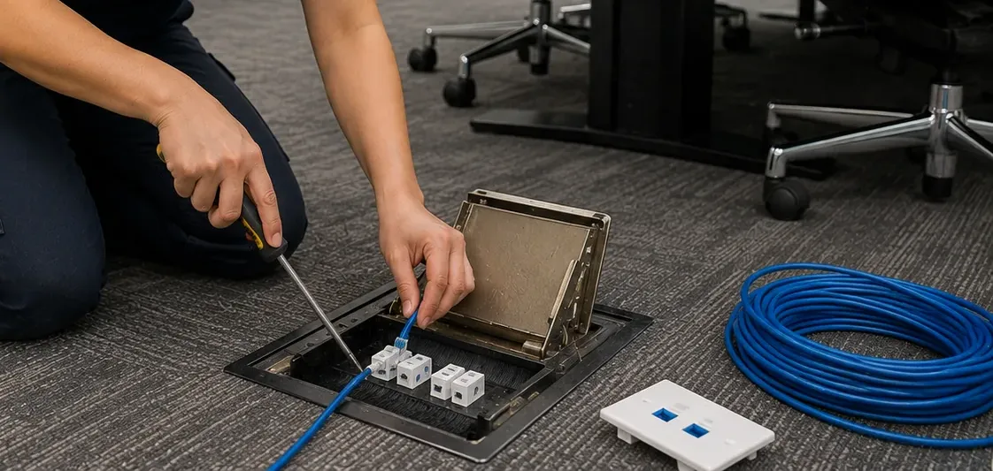 Floor box keystone service on carpet — Financial District Cat6 repair Open floor box set into office carpet with three white keystone jacks being worked with a screwdriver — Cat6 floor outlet repair, Financial District, Manhattan