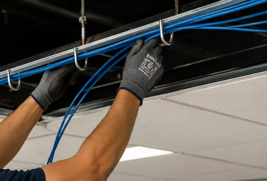 Cat6 run laid in J-hooks above a ceiling grid — Financial District, Manhattan Gloved hands laying blue Cat6 cables into J-hooks hung above an open suspended ceiling grid — replacement run in the Financial District, Manhattan