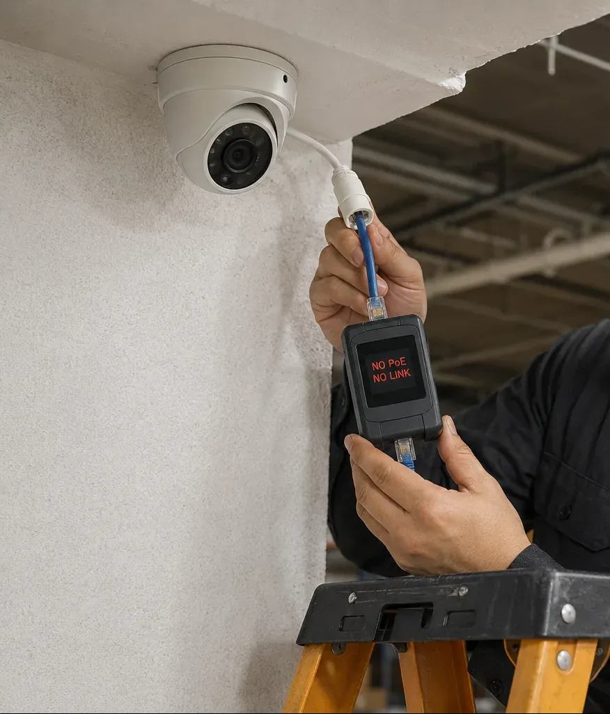 NO PoE NO LINK test at a dome camera — Financial District Cat6 repair Hands holding a small tester reading NO PoE NO LINK on the cable to a white dome camera on a textured wall, top of an orange stepladder — Cat6 camera link repair, Financial District, Manhattan