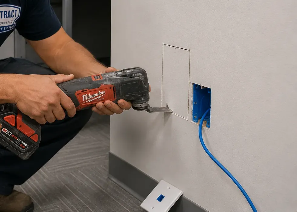 Small wall access cut beside a data box — Financial District Cat6 repair Hands cutting a small rectangular access opening in a wall with a red cordless oscillating tool next to a blue box and cable — Cat6 repair access, Financial District, Manhattan