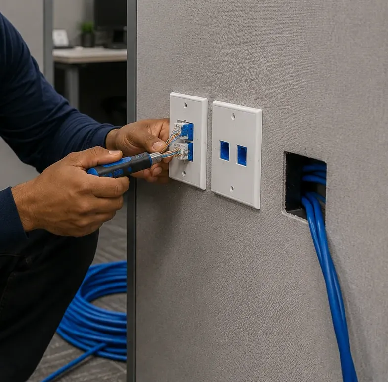 Jack re-termination at a partition wall plate — Financial District Cat6 repair Hands re-terminating a jack at a two-port wall plate on a grey office partition, blue cable entering a cut opening — Cat6 repair, Financial District, Manhattan
