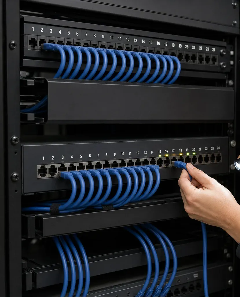 Patch panel port check in a rack — Financial District, Manhattan Hand holding a blue patch cord at a numbered 24-port patch panel with lit ports in a rack — Cat6 port check, Financial District, Manhattan