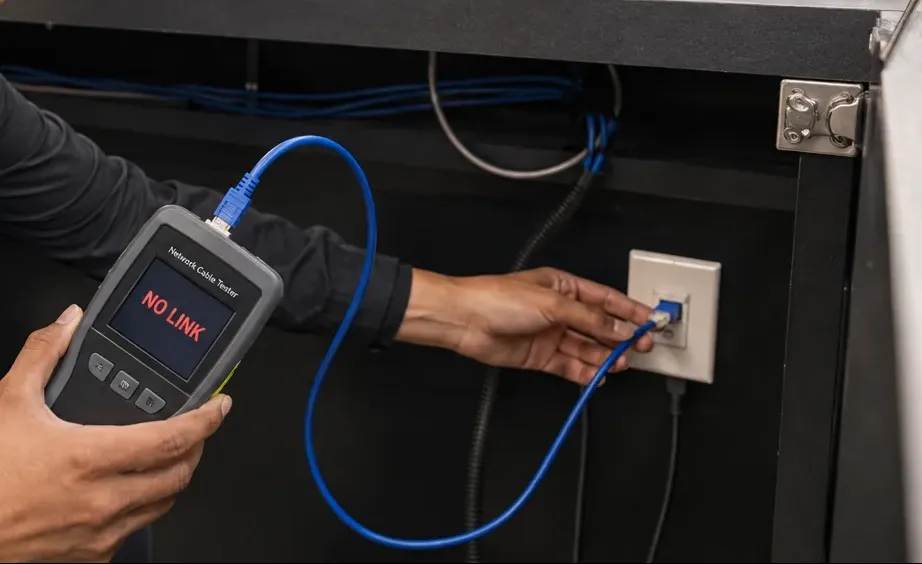 NO LINK reading at a counter jack — Financial District, Manhattan Handheld tester reading NO LINK on a blue cord plugged into a wall jack under a shop counter — point-of-sale Cat6 repair, Financial District, Manhattan
