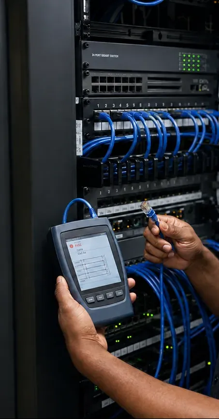 Cable tester FAIL reading at a network rack — Financial District Cat6 repair Hands holding a grey cable tester showing a red FAIL result and a wire-map diagram beside a patch panel and gigabit switch — Cat6 repair diagnosis, Financial District, Manhattan