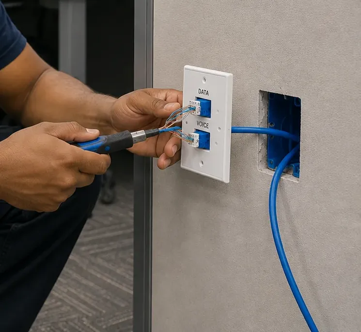 Data and voice plate re-terminated in a partition — Flushing Hands punching down blue Cat6 into the keystones of a wall plate labelled Data and Voice beside an open blue box in a grey partition, Flushing, Queens Cat6 re-termination