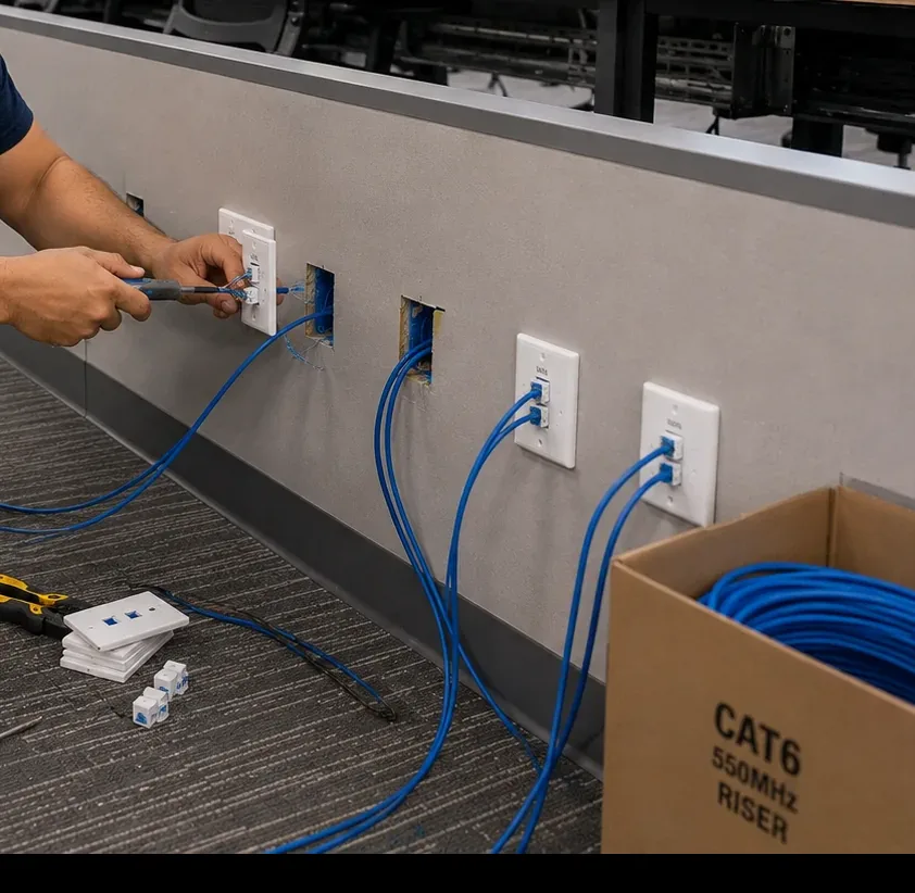 Re-terminating a row of partition outlets — Flushing Hands re-terminating a jack at the first of a row of wall plates along a grey partition, with blue Cat6 tails, spare plates and keystones on the carpet and a Cat6 riser carton, Flushing, Queens office