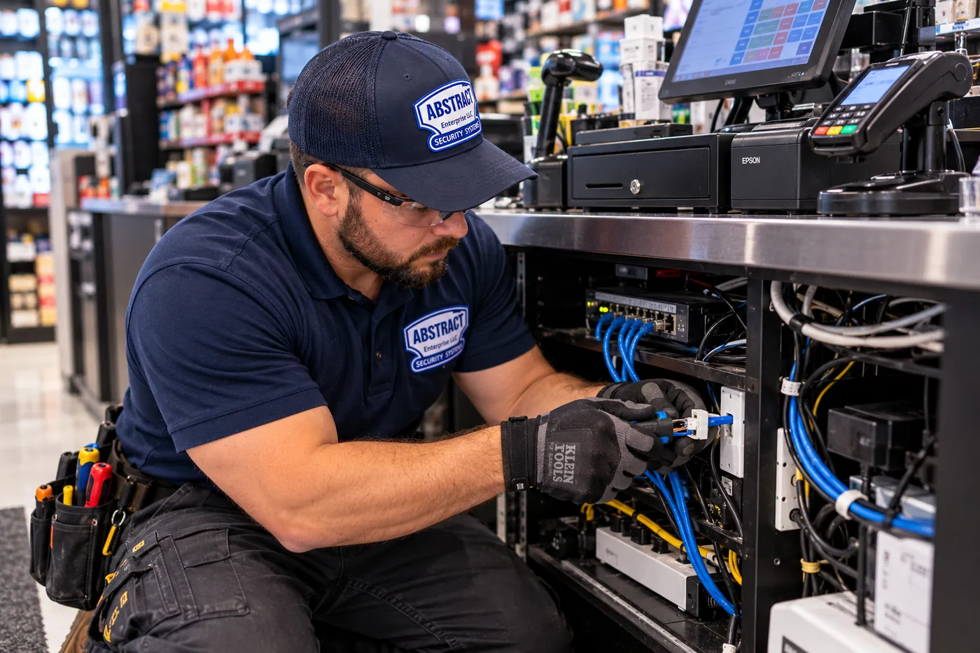 Checkout counter switch and Cat6 cords under repair — Flushing Technician in an AESS cap and safety glasses kneeling at a checkout counter, working on blue Cat6 cords at a network switch inside the open counter cabinet beneath a POS screen, cash drawer and card terminal, Cat6 repair Flushing, Queens