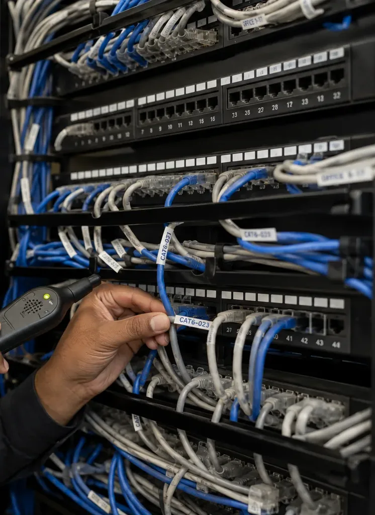 Toning a labelled patch cord in a crowded rack — Flushing Tone probe held to a blue patch cord labelled CAT6-023 among labelled grey and blue cords in a patch panel rack, Flushing, Queens Cat6 tracing