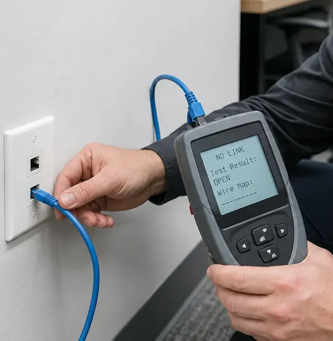 Open-pair result at a two-port wall plate — Flushing Handheld tester reading No Link, Test Result Open, with a blue patch cord plugged into the lower port of a white two-port wall plate, Flushing, Queens Cat6 jack test