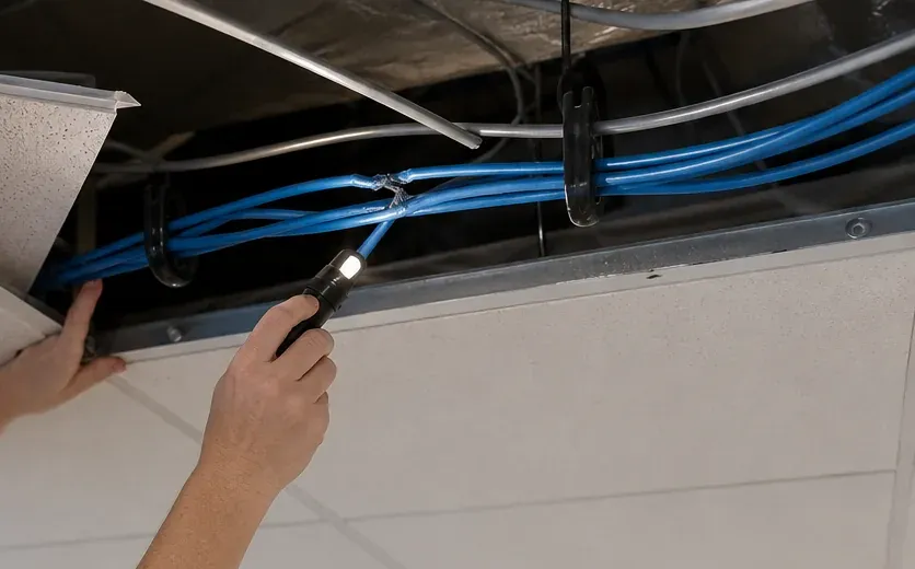 Flashlight check of Cat6 above a lifted tile — Fordham, Bronx Flashlight inspection of blue Cat6 bundles in J-hooks above a lifted ceiling tile, Fordham, Bronx Cat6 repair