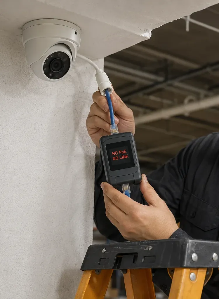 Dome camera lead reading NO PoE — Fordham, Bronx camera cable repair PoE tester between a dome camera and its blue Cat6 lead reading NO PoE, NO LINK, storefront camera repair in Fordham, Bronx