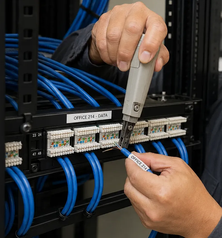 Panel port re-punched and labelled — Fordham, Bronx Cat6 repair Punch-down tool re-seating a conductor on a patch panel marked Office 214 Data, with a labelled cable, Fordham, Bronx Cat6 repair