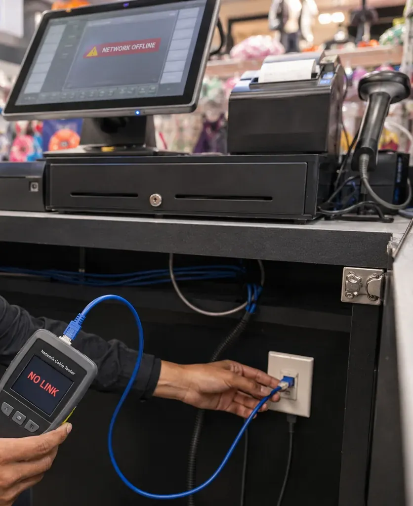 Register jack tested under a checkout counter — Fordham, Bronx Cat6 repair Tester reading NO LINK on the jack under a checkout counter while the register screen shows Network Offline, Cat6 repair in Fordham, Bronx