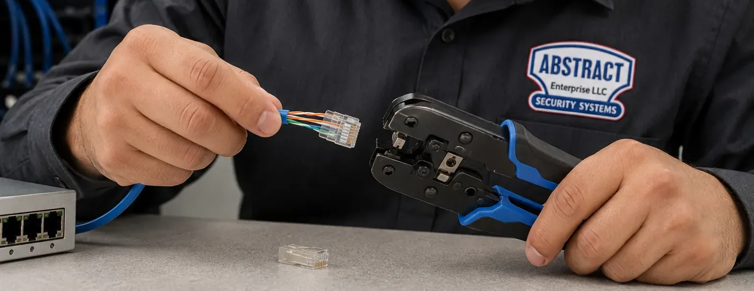 RJ45 plug and crimper at the bench — Fordham, Bronx Hands holding a stripped Cat6 cable at an RJ45 plug beside a crimping tool and a small switch, Fordham, Bronx cord repair